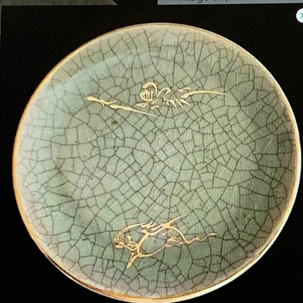 Artistic Green and Gold Crackle Plate